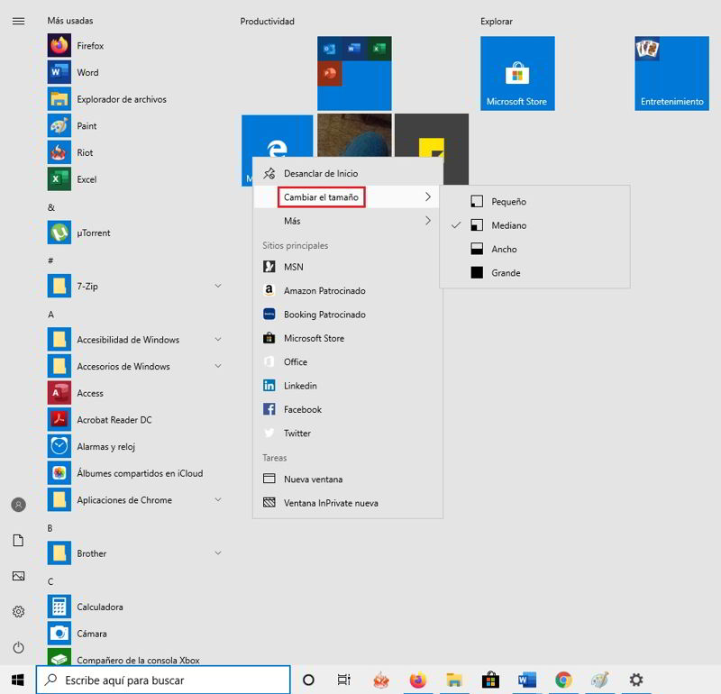 Cómo personalizar el botón Inicio de Windows 10 7 redimensionar baldosas menu inicio 1