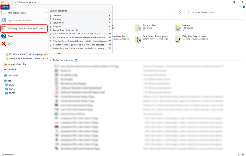 cómo eliminar el historial de archivos recientes en Windows 10 archivo