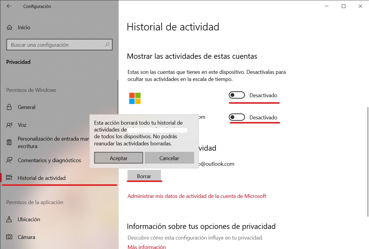 Borrar historial de actividad en Windows 10