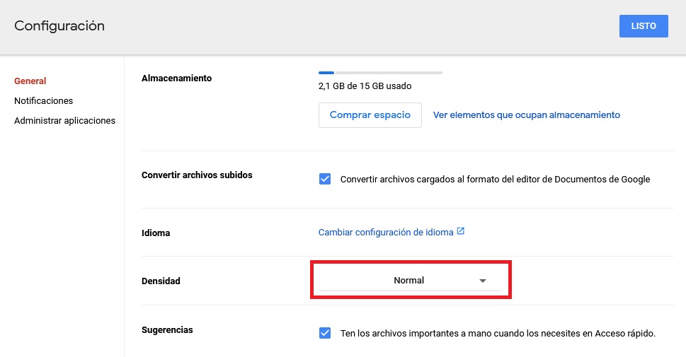 Cambiar la densidad de Google Drive