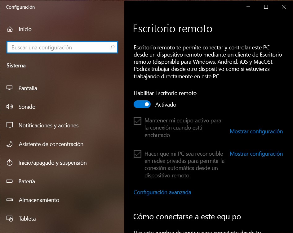 Configuración del escritorio remoto