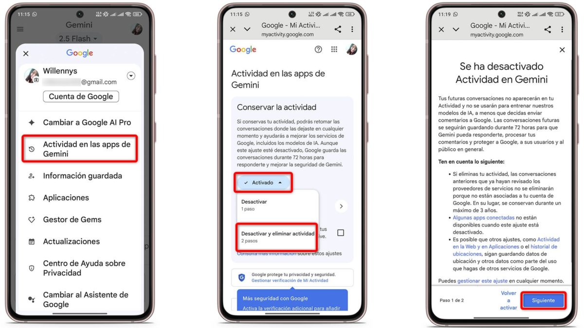 Cómo desvincular Gemini del resto de apps de Google: guía paso a paso 3 Cómo desvincular Gemini del resto de apps de Google - Desactiva la actividad