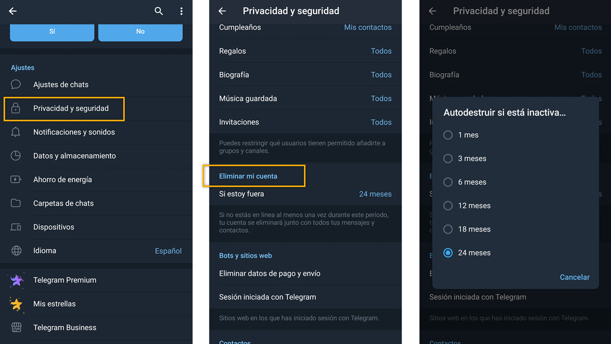 cómo programar que se elimine la cuenta de Telegram