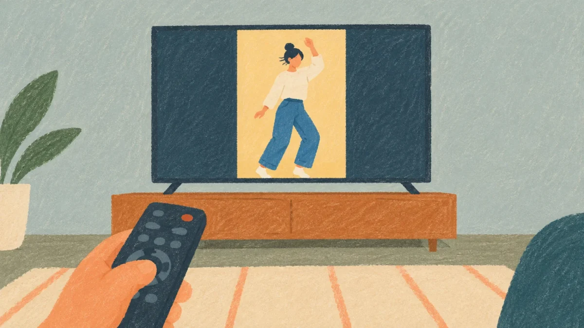Un televisor reproduce un vídeo vertical mientras un mando descansa delante, símbolo de Instagram en Apple TV.